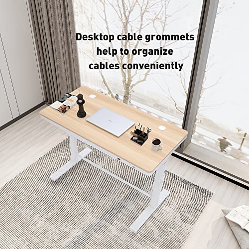 Farray Electric Standing Desk With Drawer, 45 X 24 Inch Adjustable Height Desk With Power Strip & Usb Ports, One-Piece Top Stand Up Desk, Modern Sit Stand Desk (Oak Top + White Frame) #TOP2