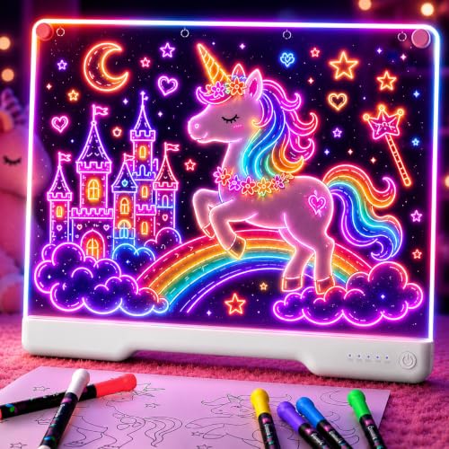 Geokay 16 Rechargeable LED Drawing Board 9-Color Light Modes Neon Art Dry Erase Light Up Doodle Glow Pad with Built-in Stand Sketching Gift Toy for Kids/Girls/Teens 7 Markers & Tracing Book