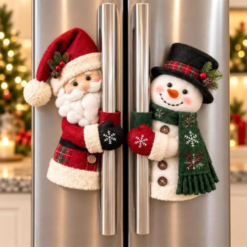 Christmas Kitchen Decor, Christmas Santa & Snowman Handle Huggers, Set of 2 | Christmas Decor, Cute Santa Plush Refrigerator Handle Covers, For Fridge Door, Indoor & Oven Cabinet, Xmas Home Decorations - image 1