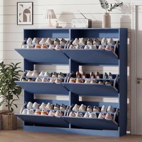 Image of Xixini Shoe Storage Cabinet for Entryway with 6 Flip Drawers, Sturdy Wood Hidden Shoe Storage, Freestanding Narrow Slim Shoe Organizer for Front Door Entrance, Living Room, Hallway, Bedroom, Blue