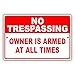 Afterprints NO Trespassing Owner is Armed at All Time Unique Novelty Caution Warning Notice Aluminum Metal Sign 12