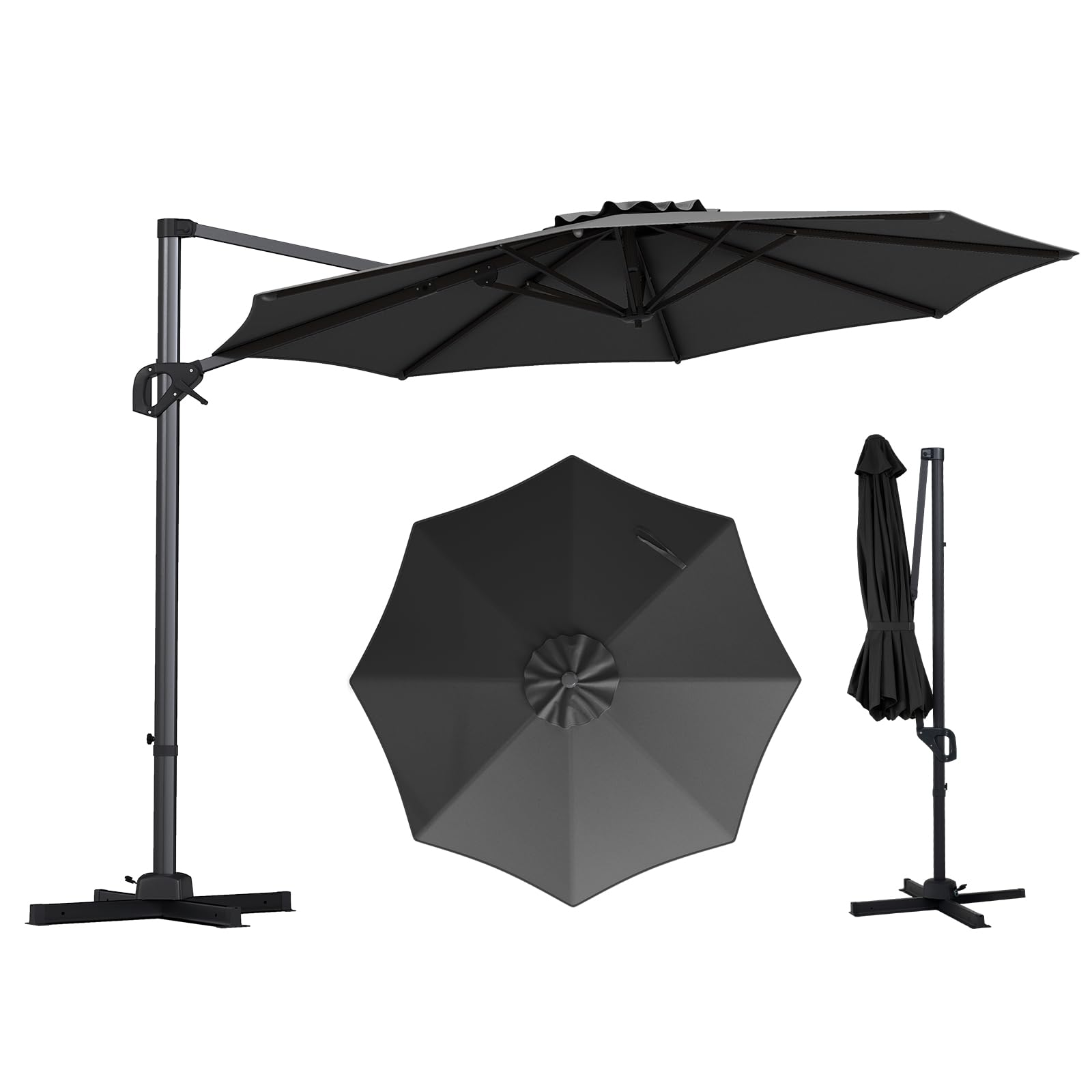 COSTWAY Parasol Deporte 3x3M, Parasol de Jardin Exterieur avec 8 Baleines&Manivelle Lisse, Réglable en 6 Positions&Rotatif 360°, Protection Solaire, pour Piscine Patio Terrasse (Gris)