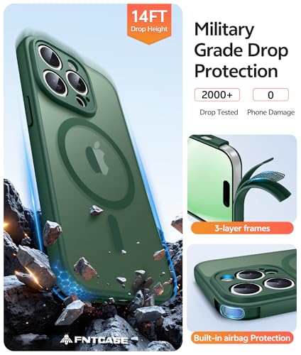 Image of FNTCASE for iPhone 14 Pro Case: [Compatible with Magsafe] Translucent Matte Cases with [Full Camera Protection] [Screen Protector] Military Grade Shockproof Protective Phone Cover - Green