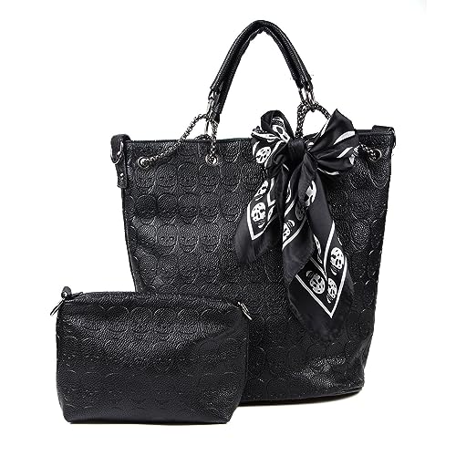 KUANG! Women Skull Print PU Leather Hobo bag Handbags 2 Sets Crossbody Bag with Scarves