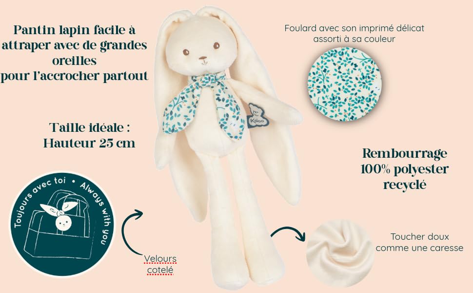 Kaloo - Baby Gift Set - 2 Pieces : Rabbit Soft Toy 25 cm + Silicone Teething Ring - Lapinoo - Cream - from Birth - K390041 - Image 4