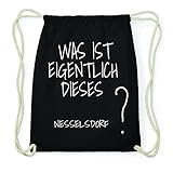 Maße 37x46,5cm JOllify NESSELSDORF Hipster Turnbeutel Tasche Rucksack aus Baumwolle - Farbe: schwarz – Design: was ist eigentlich - Farbe: schwarz
