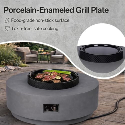 Image of Gas Fire Pits for Outside Patio, 42 Inch 3-PC Propane Fire Pit Table | 65,000 BTU Round Gas Firepit, with Wind Guard, Tank Cover, Rain Cover and BBQ Grill for Garden, Patio, Grey