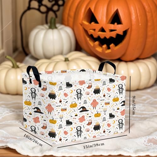 Image of Large Halloween Basket Gift Cute Pumpkin Ghost Parties Decor Kid Trick or Treat Basket for Boys and Girls Rectangular Storage Bin Box (Cartoon Skeleton)