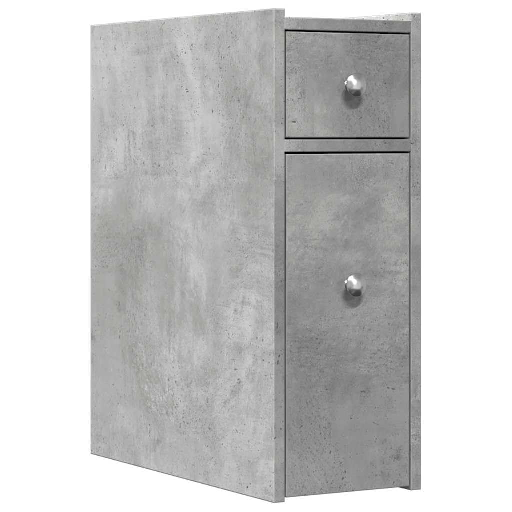 Mueble de baño estrecho con ruedas, color gris hormigón, cajones de madera, espacio de almacenamiento estrecho