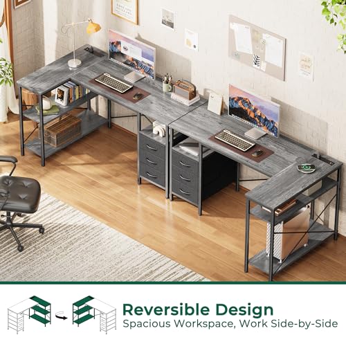 Huuger L Shaped Office Desk with Power Outlets, 47 Inch Computer Desk with 3 Drawers, Shelves, for Gaming, Corner Work, Home Office, Study, Grey