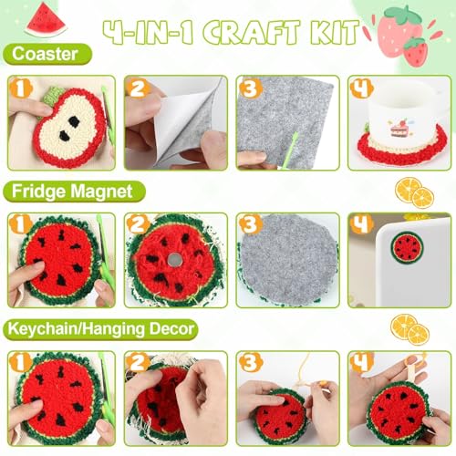 Image of Justforjoyful 6 Set Punch Needle Embroidery Coasters Craft Kits Punch Needle Refrigerator Magnets Kit Tool Threader Fabric for Christmas Winter Beginners Adults DIY Handmade Gifts Party(Fruit)