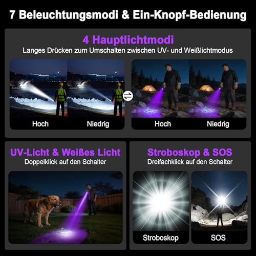 iToncs 1 Stück UV Taschenlampe 395nm – 2-in-1 Schwarzlicht & Weißlicht, 7 Modi, 5000mAh Akku, USB-C Aufladbar, IPX5 Wasserfest, UV-Licht für Haustierurin, Skorpione, Bernstein, Outdoor & Inspektion