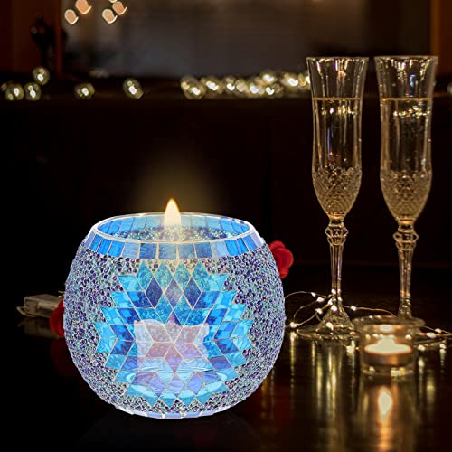 SOLUSTRE Mosaic Glass Candle Holder Romantic Nordic Glass Votive Tealight Holder Round Bowl Scented Candles Candlestick Centerpiece for Table Home Decor Without Candle Blue - Image 2
