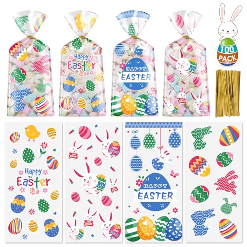 100 Pcs Easter Treat Bags - Happy Easter Gift Bag, Easters Eggs Plastic Cellophane Bag, Clear Colorful Easters Bunny Goodie Candy Favor Bags with Gold Twist Ties for Easte Party Favors Supplies
