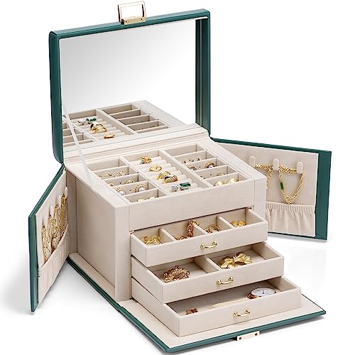 Vlando Jewelry Box 4-Tier,Jewelry Boxes & Organizers with Handle,3 Drawers Travel Jewelry Case with Mirror,Jewelry Storage,Earrings Necklace Rings Christmas Gift for Women Girl Purple A.Purp