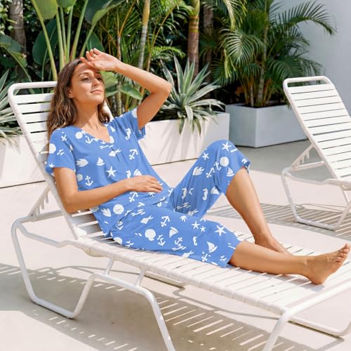 Image of Bestbee Women's Pajama Sets 2 Piece Lounge Outfits Summer Sleepwear V Neck Short Sleeve Capri Pant With Pockets Ladies Pjs