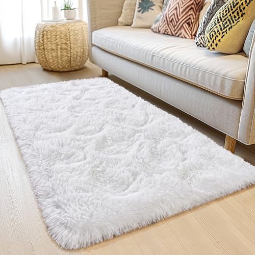 Fluffy 2x3 Rug - Small Rugs for Bedroom - Height Pile 1.4" Plush Rug - Fuzzy Throw Rugs Carpet for Bedroom - White