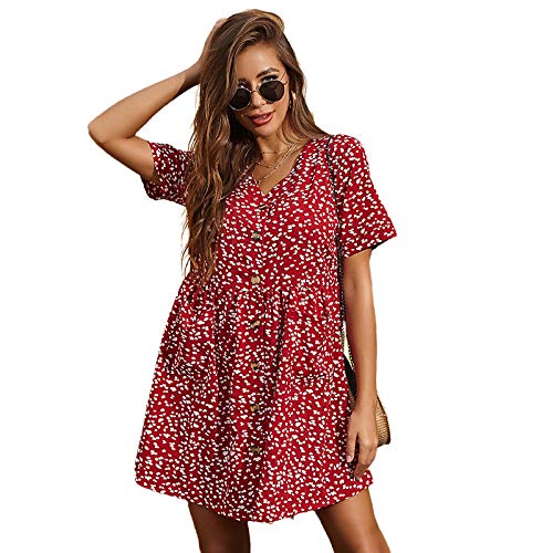 2020 Verano Europeo y Americano de Manga Corta Floral pequeño y Fresco Vestido de Mujer de Bolsillo de Moda Suelta