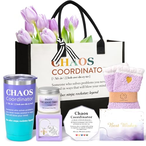 Giftissimo Thank You Gifts for Women Chaos Coordinator Gifts for Coworker Boss Manager Teacher Nurse Employee Birthday Mothers Day Gift w/Tumbler Canvas Tote Bag Acrylic Decor
