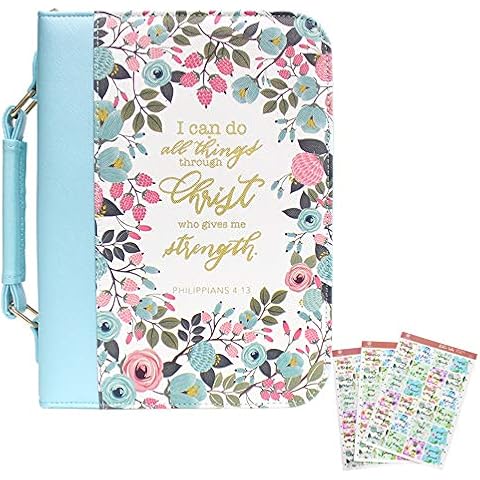 INSPRING PU Leather Bible Cover Case and Floral Bible Tab Sets with Lay-Flat Handle Christian Easter Gift for Women and Girls, Fits Bibles Up to 10.5 x 7 x 2.6 inches Cover