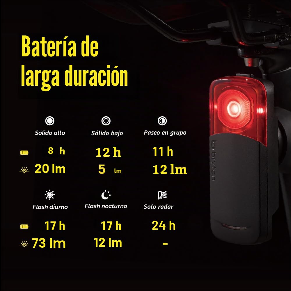 Bryton GARDIA R300L - Radar de bicicleta con luz trasera, alertas visuales y audibles para vehículos de hasta 207 yardas de distancia, ángulo de visión de 220°, compatible con pantalla de aplicación