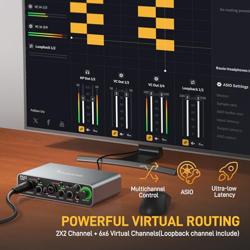 MAONO USB Audio interface for PC with 60 dB Pro-preamp, 24bit/192kHz, Dual USB interface for PC&Smartphone, Routing Software for Home Recording, Music Production, Guitar, Podcast, Streaming(PS22)