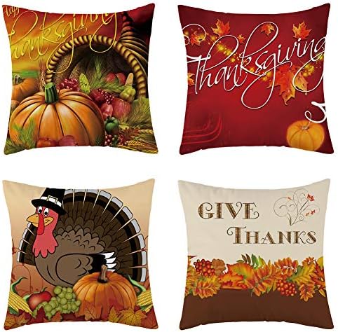 Set of 4 Thanksgiving Turkey Fall Throw Pillow Cover, Soft Flannel Autumn Decorative Pillow Case Cushion Cover for Couch and Sofa 18x18 Inch