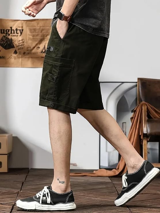 Image of Men's 100% Pure Cotton Cargo Shorts | Regular Fit Knee Length Utility Shorts with Multiple Pockets | Casual Outdoor Summer Wear Shorts for Men