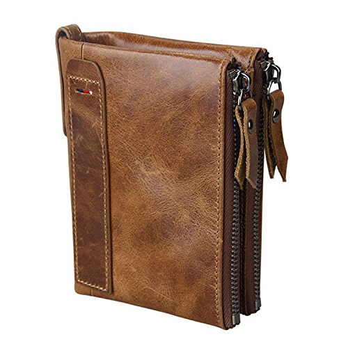 Alkenred small wallet for women Leather Bifold Compact Card Holder Zipper Pocket Wallet RFID Blocking Card Case Purse with ID Window(brown)