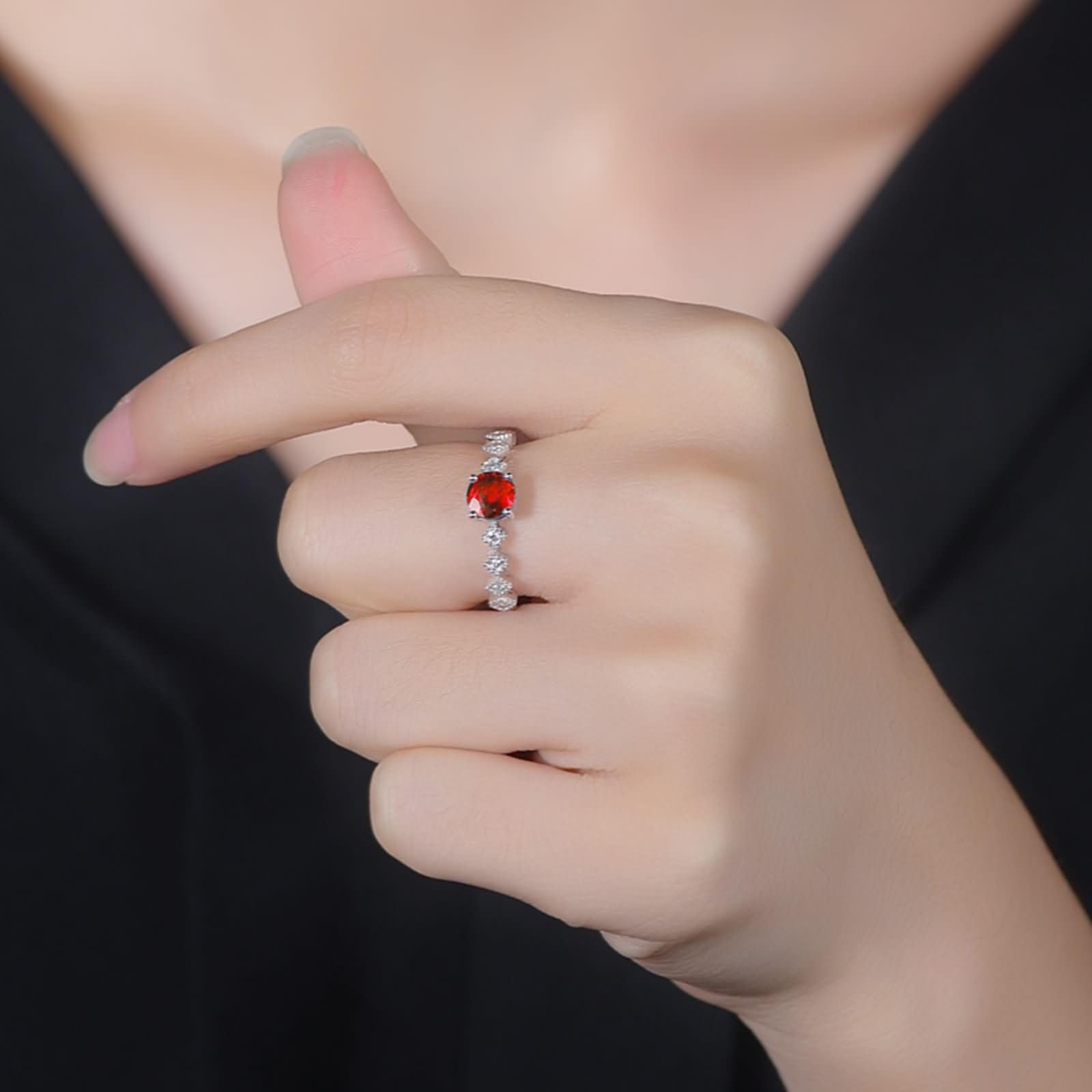 Anillos Alianza Oro Blanco 9 Kilates / 14 Kilates / 18 Kilates de Mujer, Rombo y Redondo con Rubí de 0,5ct y Diamante, Anillos de Alianzas Mujer Plata Rojo