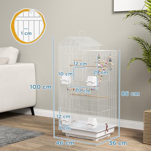 PawHut Bird Cage for Budgies, Finches, Canaries w/Accessories, Toys, Tray, Handle, 46 x 36 x 100cm -White - Image 7
