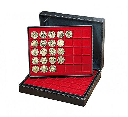 LINDNER Das Original Kasetka na monety Nera XL z 3 półkami i jasnoczerwonymi wkładkami na monety z 105 kwadratowymi przegródkami na monety/kapsułki na monety do Ø 36 mm
