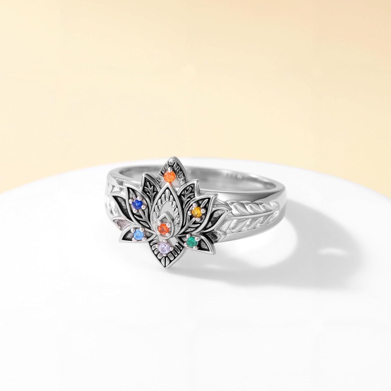 925 Sterling Silver Chakra Lotus Ring, 7 Colored Gemstones, Vintage Balance Yoga Style, Size 8 - Image 2