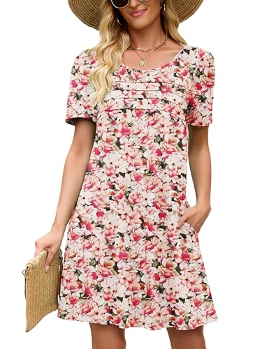 Image of Heymoments Women's Short Sleeve Crewneck Sundress Summer Casual A-Line Beach Dress with Pockets S-2XL