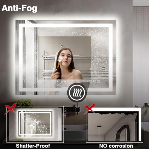 40"x30" LED Lights Bathroom Mirror with Front Lit and Backlit, Anti-Fog Vanity Mirror with Lights, Stepless Dimmable Lighted Mirror, 3 Colors Smart Mirror (Horizontal/Vertical)