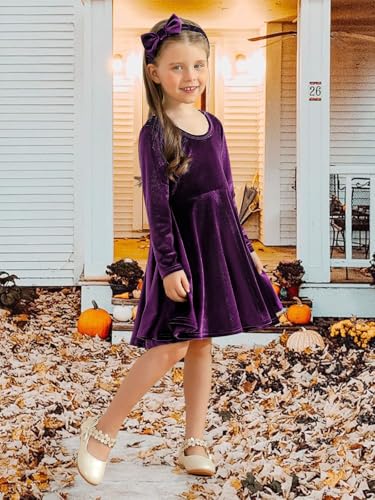 Toddler Girl Fall Winter Clothes Velvet Long Sleeve Swing Twirl Skater Dress with Hairband Baby Christmas Outfit 2-7Y4