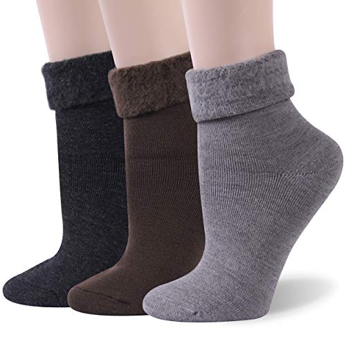 diwollsam Thermal Insulated Socks Women, Girls 3 Pairs Warm Heated Boot Home Slipper Socks Crazy Warm Knit Soft Fuzzy Novelty Turn Cuff Casual Socks Christmas Gift for Daughter, S