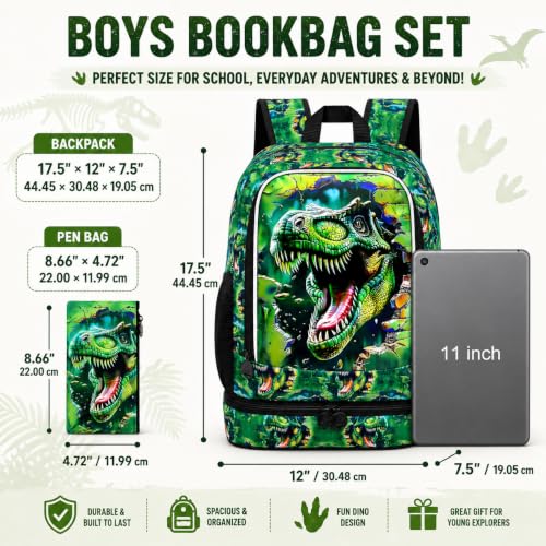 Image of 2 In 1 Dinosaur Backpack for Boys, 17 inch School Bookbag with Lunch Box, Kids Backpacks for Elementary Preschool Kindergarten (Green)