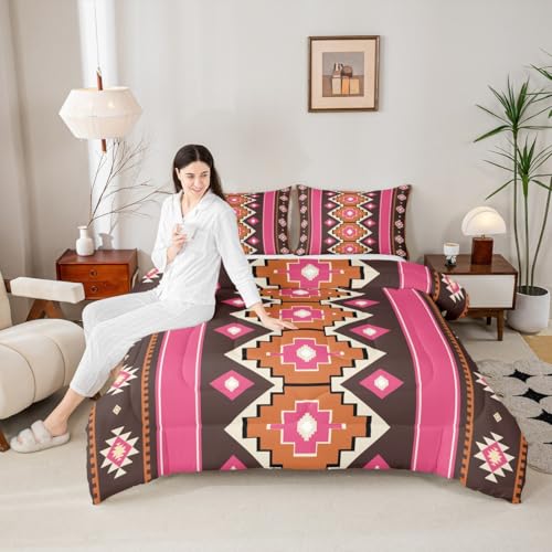 Image of Feelyou Boho Aztec Comforter Set King Size West Bedding Set for Kids Boys Girls Pink Brown Duvet Quilt Western Bedroom Decor Microfiber 3 Pcs with 2 Pillow Cases
