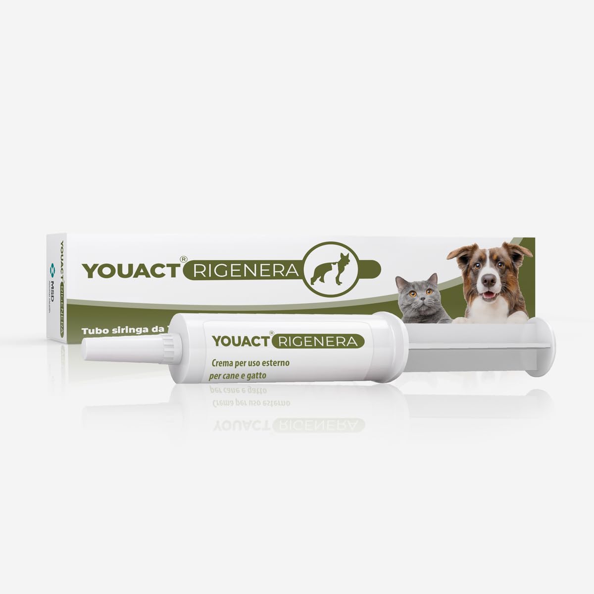 Youact Rigenera – Crema dermatologica veterinaria per cane e gatto con olio ozonizzato, glicole propilenico, acido ialuronico e vitamina E – coadiuvante per cute lesa. 1 siringa da 10gr