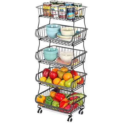 5 Tier Kitchen Fruit Basket Metal Wire Vegetable Rack Fruit Storage Cart for Pantry, Metal Wire Stackable Potato Onion Bin Basket on Wheel Cover
