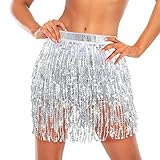 Sibba Rock mit Pailletten Fransenrock für Bauchtanz Hüftschal Quastenrock Minirock Halloween Rave Kostüm Outfit Silber Glitzernder Wickelrock Tanz-Hüftschal Wettbewerb für Frauen Mädchen Belly Dancer