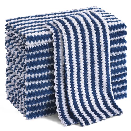 Homaxy 12 Pack Kitchen Dish Cloths, Ultra Soft and Absorbent Dish Towels, Reusable Fast Drying Microfiber Cleaning Cloth, Coral Velvet Wave Design No-lint, 10 x 10 inches, Navy Blue