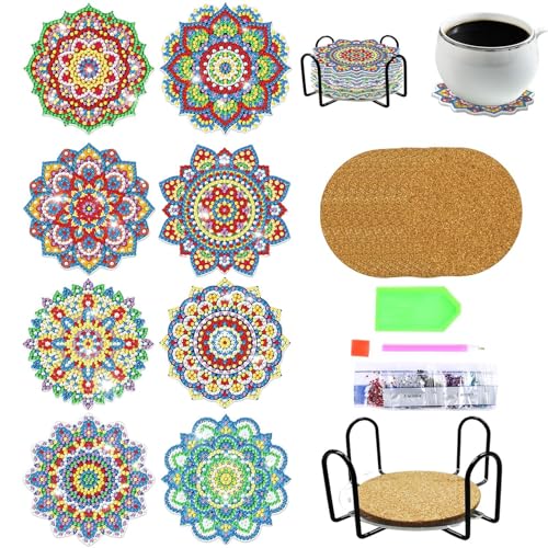 Samuliy Posavasos de arte con diamantes – Juego de posavasos de pintura de diamantes – Juego de 8 posavasos, kits de arte de diamantes con soporte para adultos, niños, principiantes, suministros de