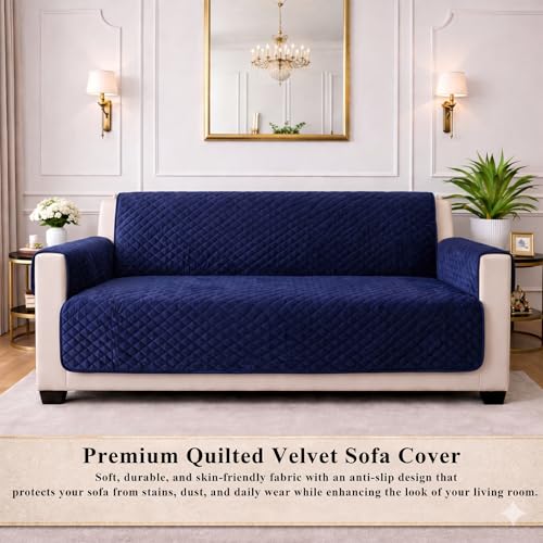 Image of STITCHNEST 'Airsoft Range Series' Solid Quilted Velvet Sofa Cover for 3 Seater | Premium Soft Velvet Sofa Protector | Blue Diamond Quilted Design with Armrest Pockets | Furniture Cover