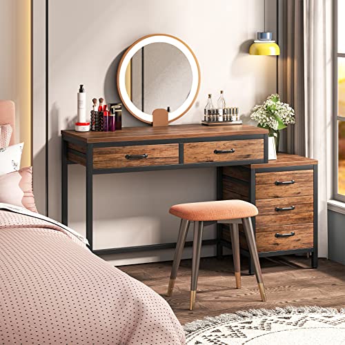 Image of Tribesigns Computer Desk with 5 Drawers, Home Office Desks with Reversible Drawer Cabinet Printer Stand, Industrial PC Desk with Storage, Rustic Study Writing Table Workstation for Small Spaces