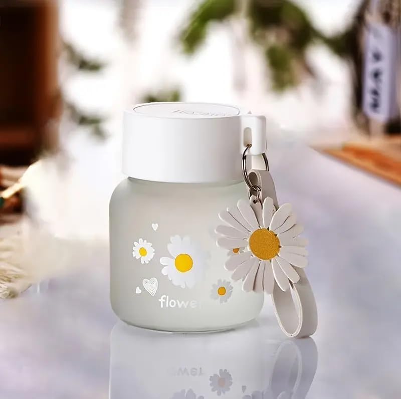 Kithura Frosted Glass Water Bottle 300ML with Lid & Portable Rope | Cute Coffee Mug, Juice Jar, Flower Tea Cup | BPA-Free Drinking Bottle for Office, Home, Outdoor & Travel (1 Piece)