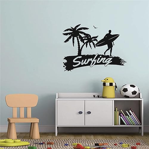 Miniatura 2 de Vinilo decorativo para pared, diseño de surf, gimnasio, deportes, niños, adolescentes, tabla de surf, palmera, calcomanía de pared extraíble para