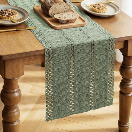 Chemin de Table Vert Sauge, Boho Macramé en Coton et Lin, Style Cottage, Nappe Moderne pour Table à Manger, Table de Cuisine, Mariage, Fête et Festive...