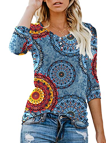 ANIXAY Women's Casual Long Sleeve Henley Button up T Shirt Basic Tops Blouse FP Mix Blue-XX-Large